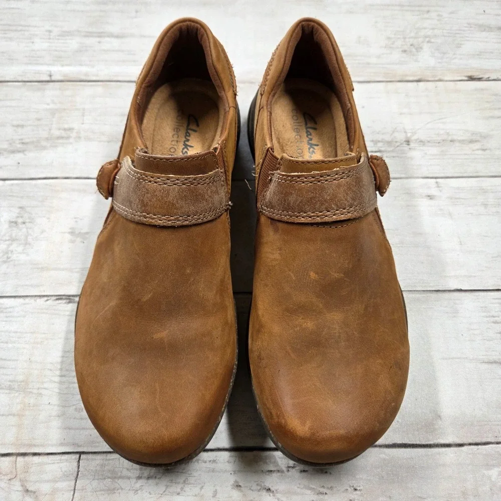 Clarks Slip On Roseville Dot Shoes Women 7 Brown Leather Loafers Hook Loop Strap